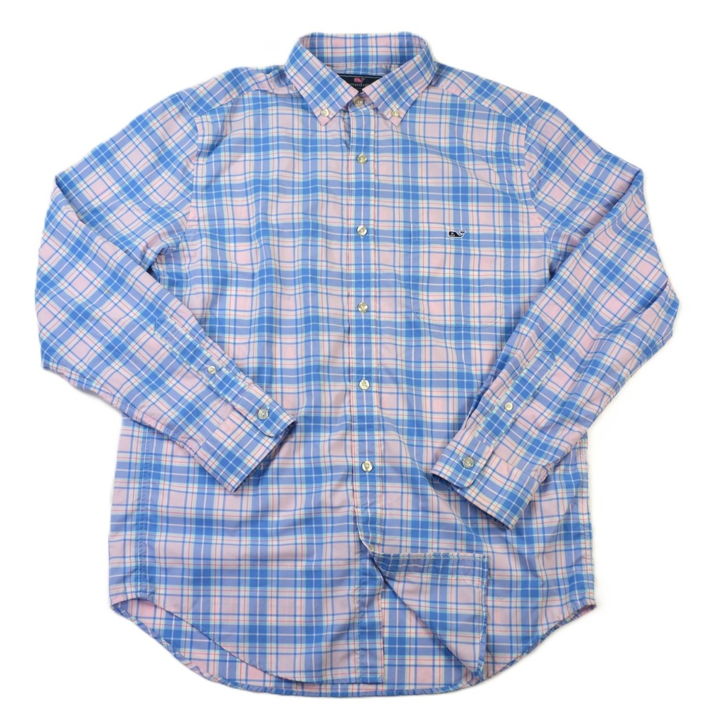 Vineyard Vines Performance Shirt Mens Medium Blue Pink Check Classic Fit Tucker
